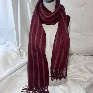 Vintage Maroon Wool Scarf w/ Gray Stripes & Fringe | Unisex Winter Accessory